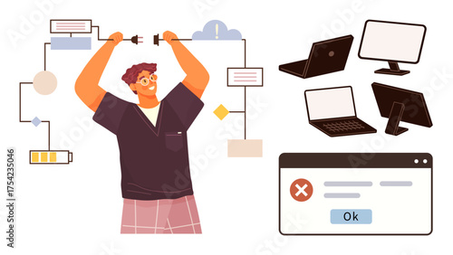 Person lifting disconnected cables in tech environment, laptops, and monitors under system network. Ideal for technology, repair, workflow, IT support, innovation, error correction simple flat