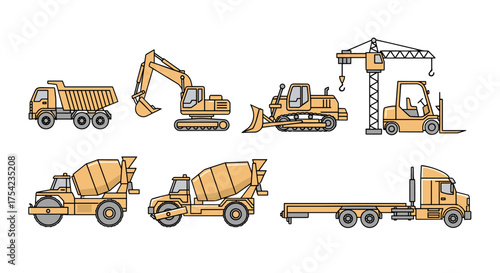 Set of construction machinery. Heavy equipment for building. Dumper, excavator, bulldozer, crane, forklift, concrete mixer truck. Vector line art icon pack illustration.