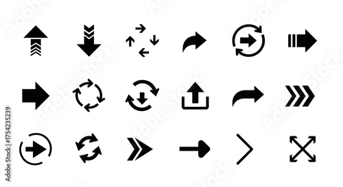 Arrow icon set. Big collection of black vector glyphs for navigation and user interface design. Pointers for direction, upload, download, refresh, share and next page.