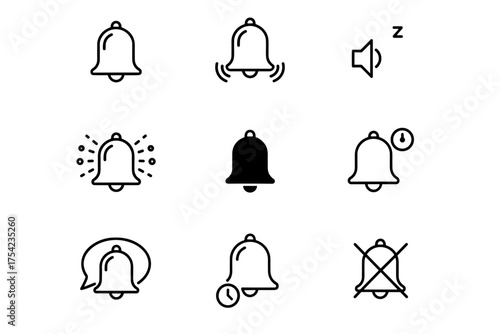Notification bell vector icon set. Collection of line and glyph symbols for web and app interface design. Includes ringing, silent, snooze, new message, and reminder alerts.