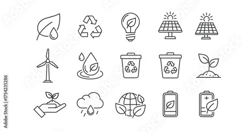 Ecology and environment line icon set. Green energy, recycling, and conservation symbols. Eco friendly concept for sustainability. Vector icons of solar panel, wind turbine.