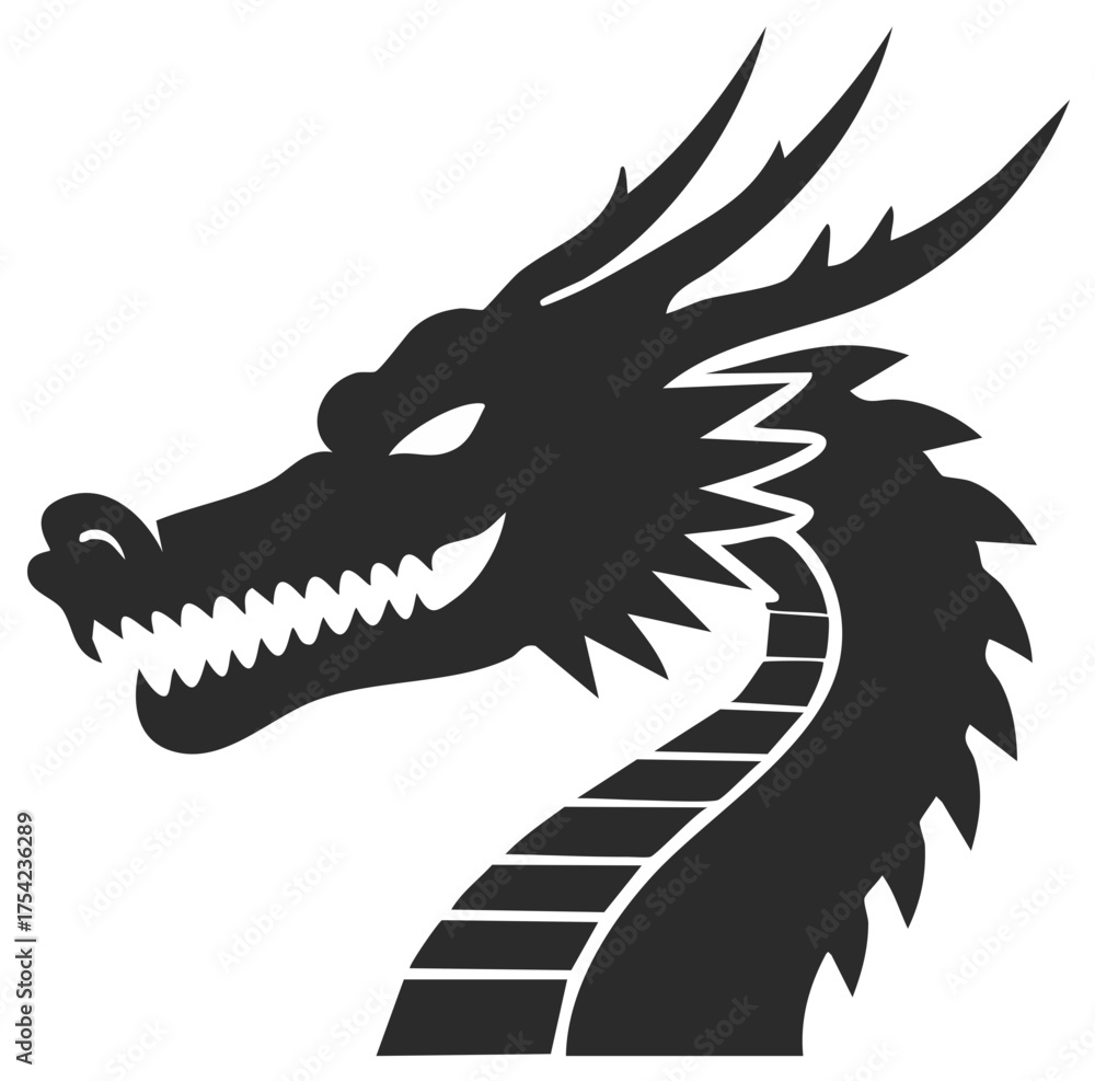 Fototapeta premium Stylized Dragon Head with Horns and Scales Dark Silhouette