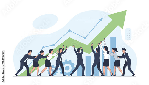 Diverse business team collaborating to push a green upward trending arrow, symbolizing growth, success, and teamwork in a professional environment with charts and gears.