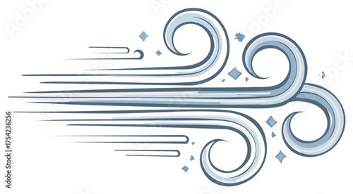 Stylized Illustration of a Strong Gust of Wind with Swirling Patterns and Particles