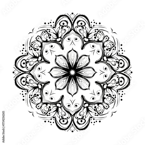 An intricate black and white floral mandala, a symmetrical spiritual symbol isolated on a white background.