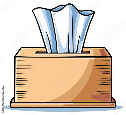 Wooden tissue box with facial tissues, cartoon illustration of healthcare and hygiene.