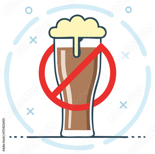 Stylized drink glass with froth in red forbidden sign symbolizing alcohol restrictions and no drinking, against a background of abstract elements.