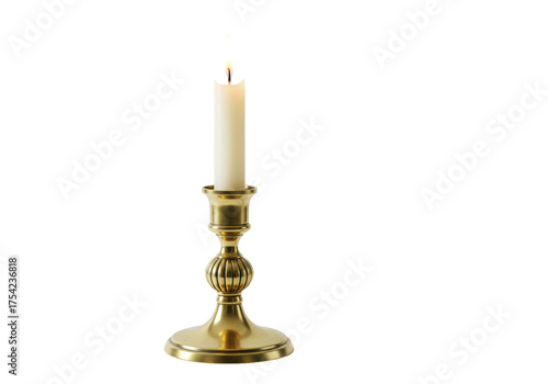 Isolated lit candle in ornate gold candlestick, vintage design and glowing warm light
