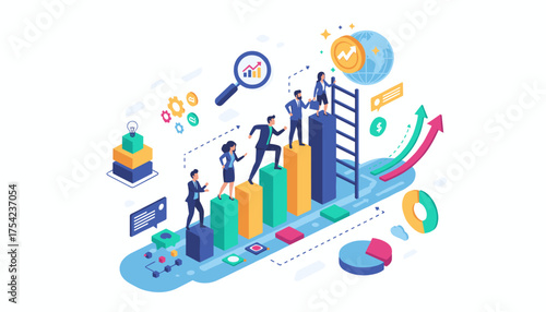 Isometric business growth concept with people climbing bar graph, financial charts, global economy, idea bulb, and upward arrows symbolizing success and strategy