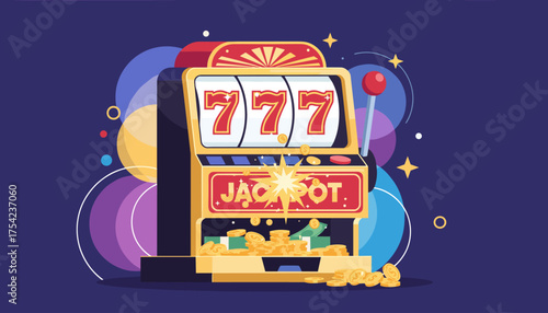 Exciting Jackpot Win: Vibrant Vector Illustration of a Golden Slot Machine with "777" Symbols and Piles of Cash and Coins, Symbolizing Casino Luck and Gambling Fortune