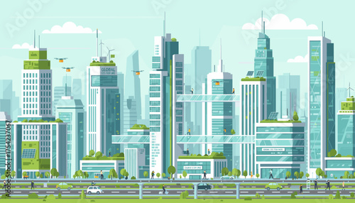 Futuristic Eco-Friendly Cityscape with Green Buildings, Solar Panels, Wind Turbines, and Drone Deliveries, Showcasing Sustainable Urban Technology and Modern Lifestyle