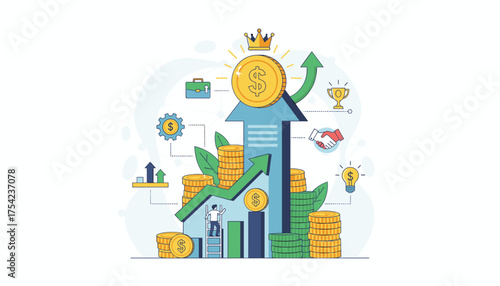 Financial Growth and Investment Success: Vector Illustration of Stacks of Coins, Upward Arrow Graph, Crown, Trophy, Handshake, and Lightbulb Symbolizing Business Profit and Wealth Accumulation