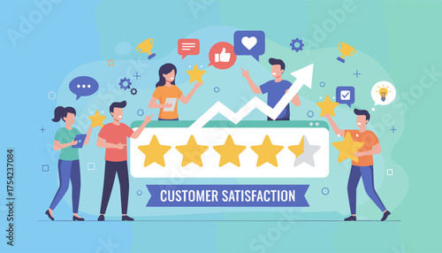 Customer satisfaction concept illustration: diverse people giving star ratings, feedback, and thumbs up, symbolizing service quality and positive reviews with a rising graph.