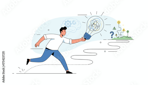 Dynamic vector illustration of a determined person running with a tangled lightbulb representing a complex idea or problem, symbolizing the pursuit of innovation and solutions.