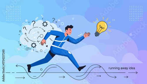 Dynamic vector illustration of a determined man in a blue suit chasing a bright idea lightbulb, symbolizing pursuit of innovation and overcoming challenges with abstract shapes and question marks.