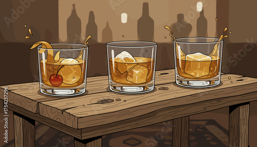 Three refreshing whiskey drinks with ice and garnishes, served on a rustic wooden table in a dimly lit bar, perfect for depicting nightlife and relaxation.