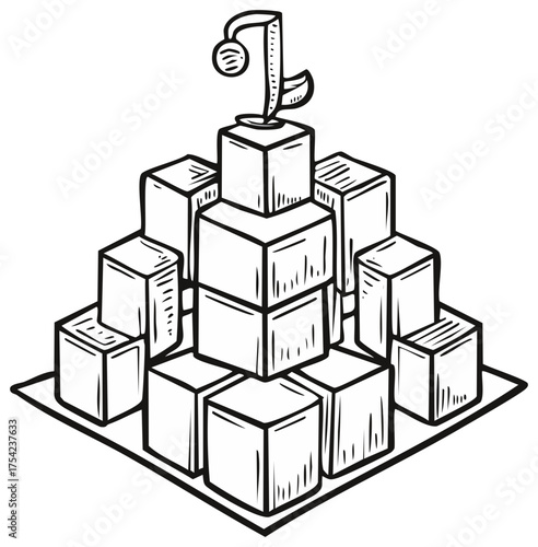 Hand-drawn illustration of cubes stacked in a pyramid shape with a budding plant on top