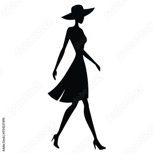Elegant woman walking with stylish hat silhouette