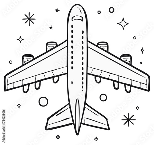 Top View Hand Drawn Airplane with Stars and Circles Illustration