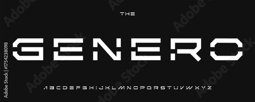 Futuristic geometric alphabet, digital sci-fi font for modern cyber logo, robotic headline, AI typography, tech-forward typographic design. Bold minimalist techno letters set. Vector typeset.