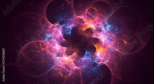 Abstract, colorful, swirling energy, cosmic burst, with light and dark contrast creating a complex pattern