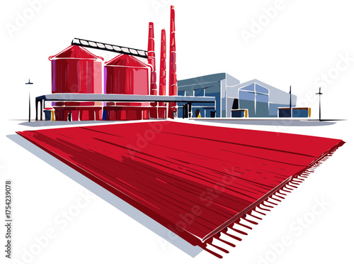 Industrial complex with silos and chimneys with a red carpet leading to it