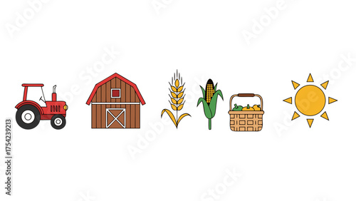 6 icons — tractor, barn, wheat, corn, basket, sun — minimal vector flat style, white background