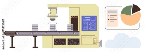 Robotic machine stacking items on a conveyor belt near a digital analysis chart. Ideal for manufacturing, automation, technology, process efficiency, industrial innovation, data management, simple