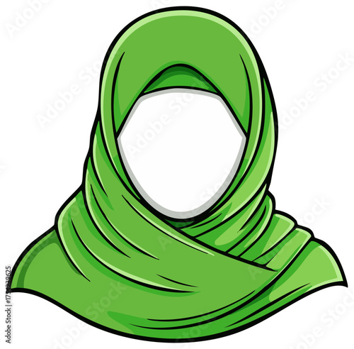 Illustration of a person wearing a green hijab with a blank face for customization