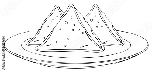 Three samosas on a plate, line art illustration of traditional Indian food