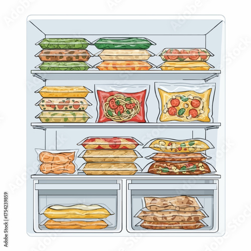 Vacuum packaged frozen mixed vegetables stacked in cold storage 