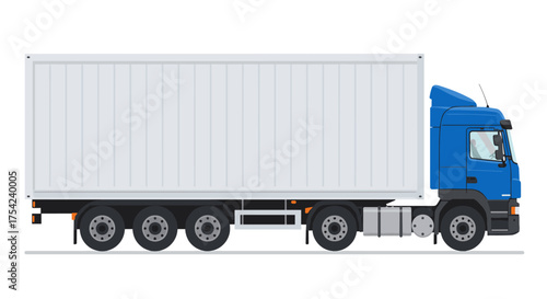Vector illustration of heavy cargo truck with container trailer, side view, colorful flat vector style, isolated on white background, transportation and logistics concept.