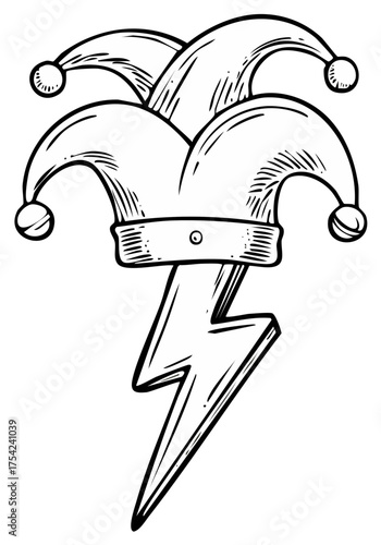 Hand drawn jester hat and lightning bolt symbol in a black and white engraving style illustration