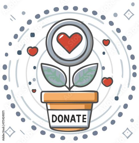 Plant with heart and DONATE label represents growth of giving and charity concept