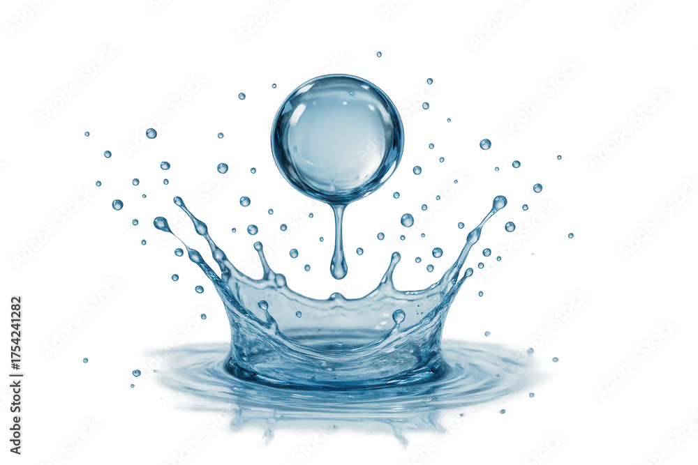 Fototapeta premium Pure clear water droplet falling, forming a dynamic splash, ripples, and small drops. Concepts of freshness and purity