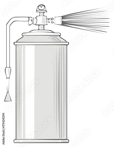 Illustration of a Metal Spray Paint Can with Nozzle and Spray, Industrial Tool