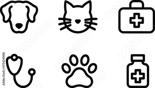 Veterinary Care Symbol Set Featuring Dog and Cat Head Silhouettes and Medical First Aid Equipment Depicted in Simple Black and White Line Drawings