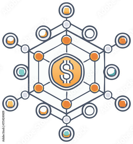 Decentralized finance concept with a dollar sign symbol in a connected technology network