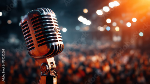 Vintage microphone ready for a performance on stage with a blurred audience. 