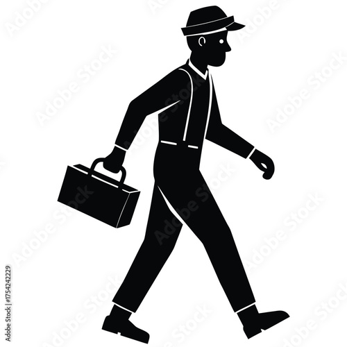 Silhouette of a worker walking with a toolbox
