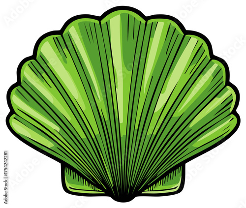 Green Scallop Shell Illustration With Black Outline