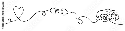 Continuous line drawing of a heart, electric plug, and brain connected by one cable. Minimal vector concept of love and mind connection, emotional intelligence, communication between heart and brain