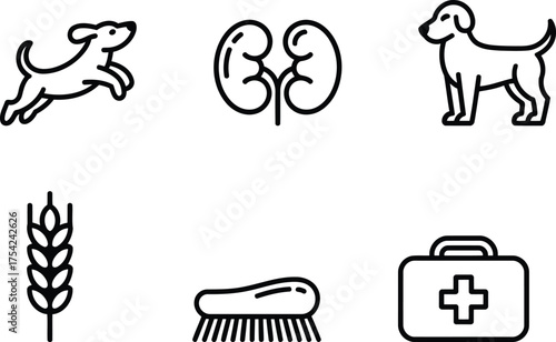 Collection of Veterinary and Agricultural Symbols Depicting Dogs, Kidneys, Wheat, Grooming Brush, and a First Aid Kit for Animal Care