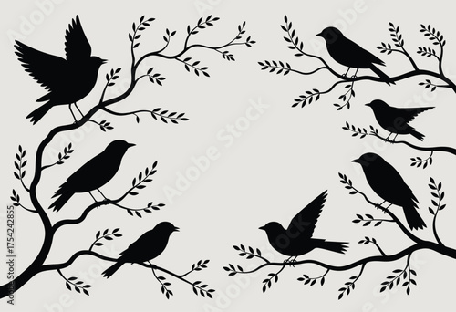 Graceful bird silhouettes on tree branches vector illustration scalable nature design for graphic projects wildlife art silhouette vector illustration white background