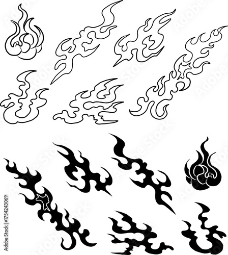 Chinese cloud vector for coloring book and printing on white background.Traditional Japanese culture element for tattoo design and idea.Fire vector for T-shirt.Traditional japanese fire for tattoo.