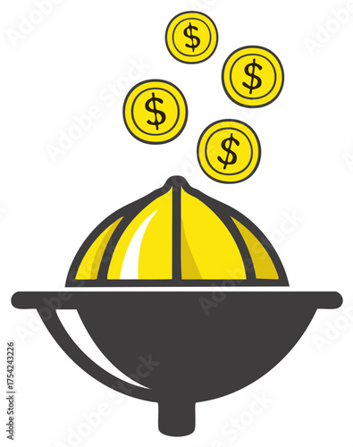Golden coins flying above a stylized lemon juicer design
