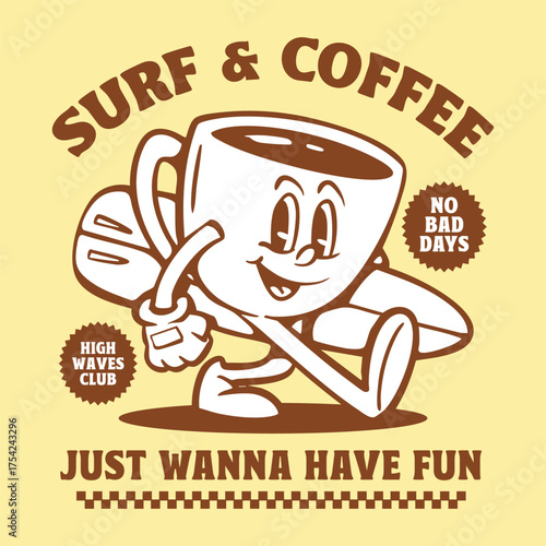 coffee cup and surf mascot illustration