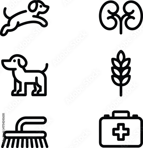 Collection of Health and Agriculture Related Icons Depicting Medical Support, Hygiene, Canine Care, and Renal Health with an Agricultural Element