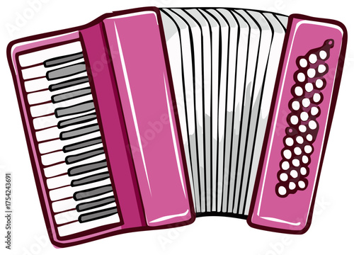 Bright pink accordion with white bellows and black keys isolated on white