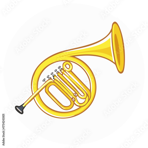 Illustrative brass French horn, classic musical instrument with valves isolated on white circular background